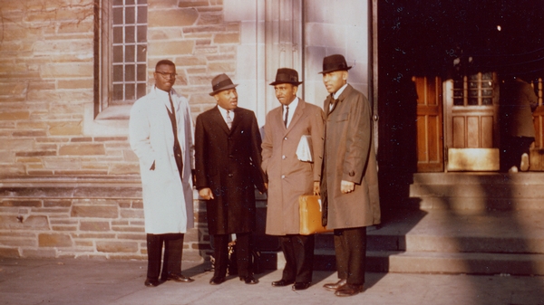 Martin Luther King Jr. and colleagues stand outside Willard Straight Hall on Nov. 13, 1960