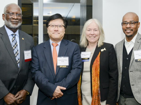 From right, Drs. Avery August and Monika Safford, co-directors of the Center for Health Equity, celebrate the center's opening with Dr. Augustine M.K. Choi, the Stephen and Suzanne Weiss Dean of Weill Cornell Medicine, and Dr. David Satcher, the founding director of and senior adviser to the Satcher Health Leadership Institute. Satcher was the keynote speaker at the Cornell Tri-Campus Health Equity Symposium, hosted March 15-16 at Weill Cornell Medicine.