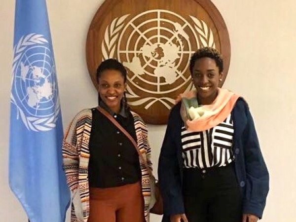 Grace Giramahoro, left, and Brenda Umutoniwase toured the United Nations Feb. 16 with nearly 90 Cornell undergraduate and graduate students.