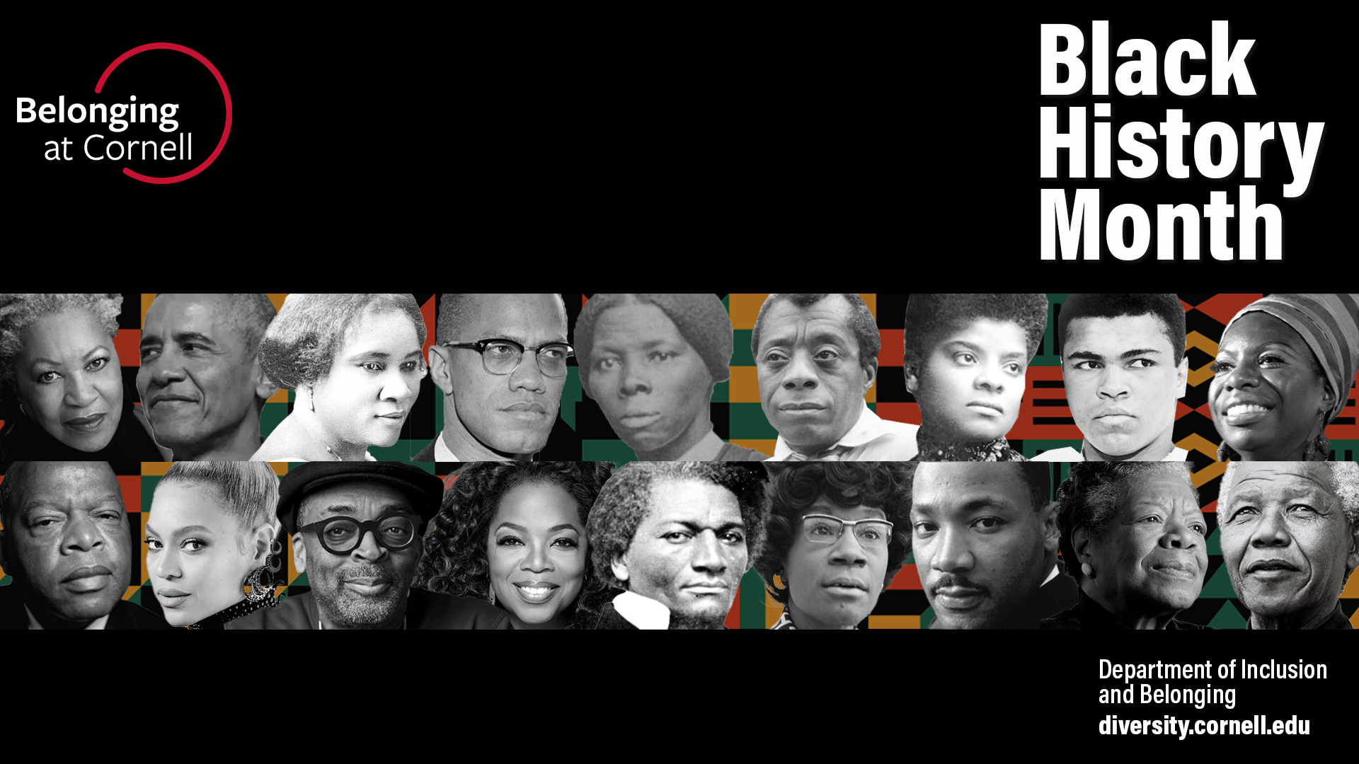 Zoom background visual for Black History Month with kente cloth and 18 cultural and historical figures in front of cloth