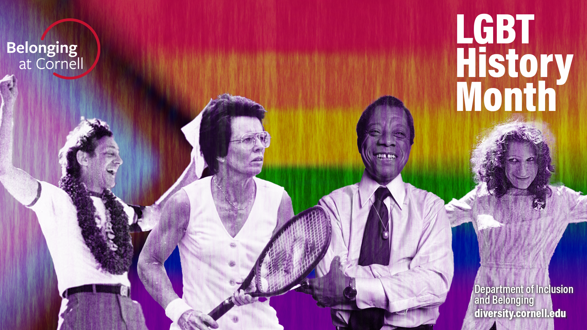 Zoom background visual for LGBT History Month featuring four historical figures- Harvey Milk, Billie Jean King, James Baldwin, and Sylvia Rivera