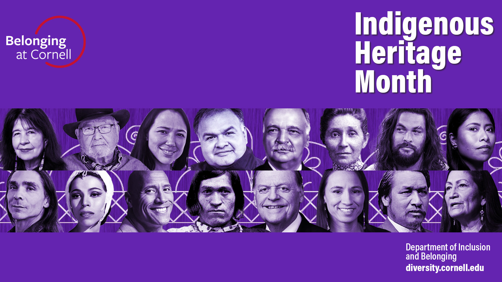 zoom background, purple with 18 faces of notable indigenous people